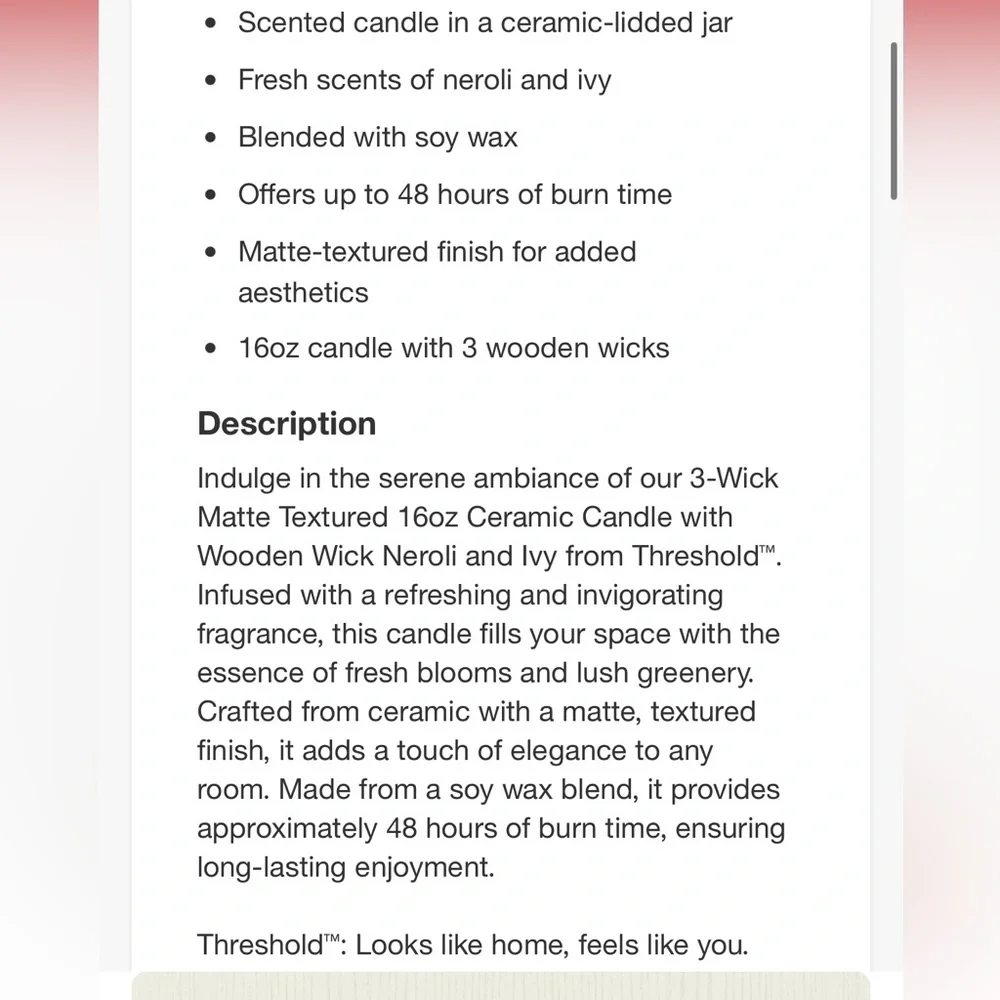 THRESHOLD NWT 3-wick matte texture ceramic wood wick candle -neroli ivy -16oz